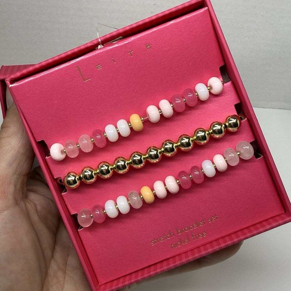 Leith Beaded Stretch Bracelet Set of Three Pink Gold Candy Like Multi-Color New